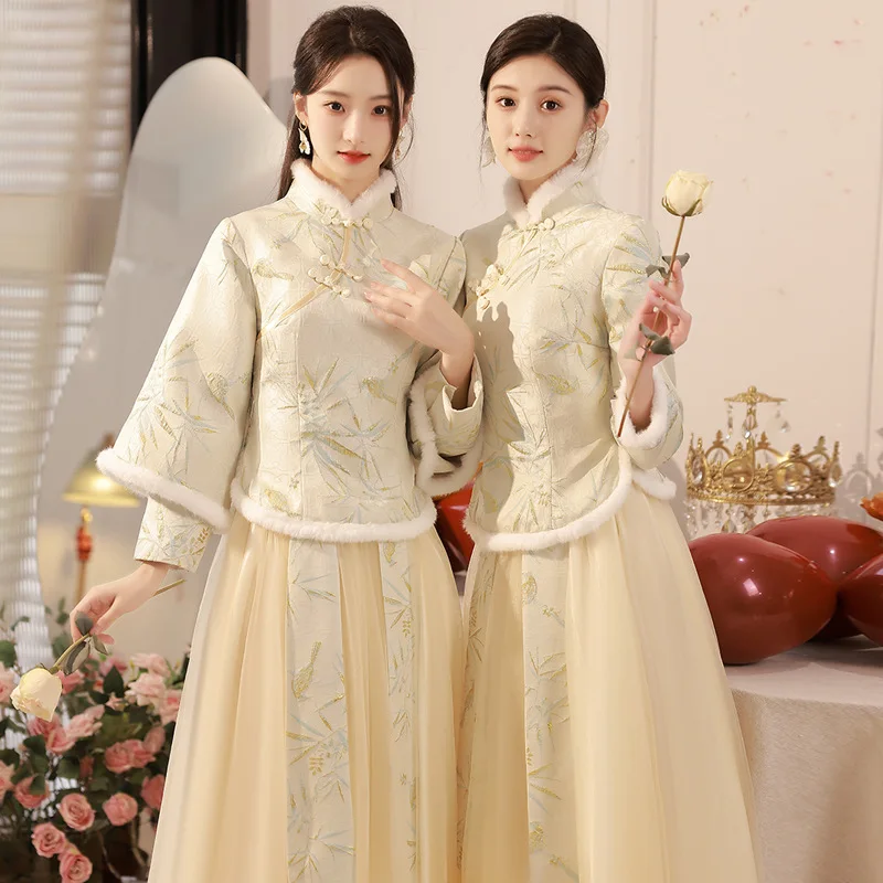 

Traditional Chinese Bridesmaid Dress Autumn Winter Thick Hanfu Set Vintage Mandarin Collar Tang Clothes Evening Party Gown Qipao