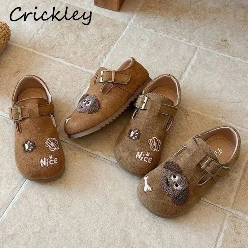 Cartoon Dog Embroidery Children Flats Shoes Suede PU Hook Loop Boys Girls Casual Shoes Anti Slip Soft Kids Boat Shoes