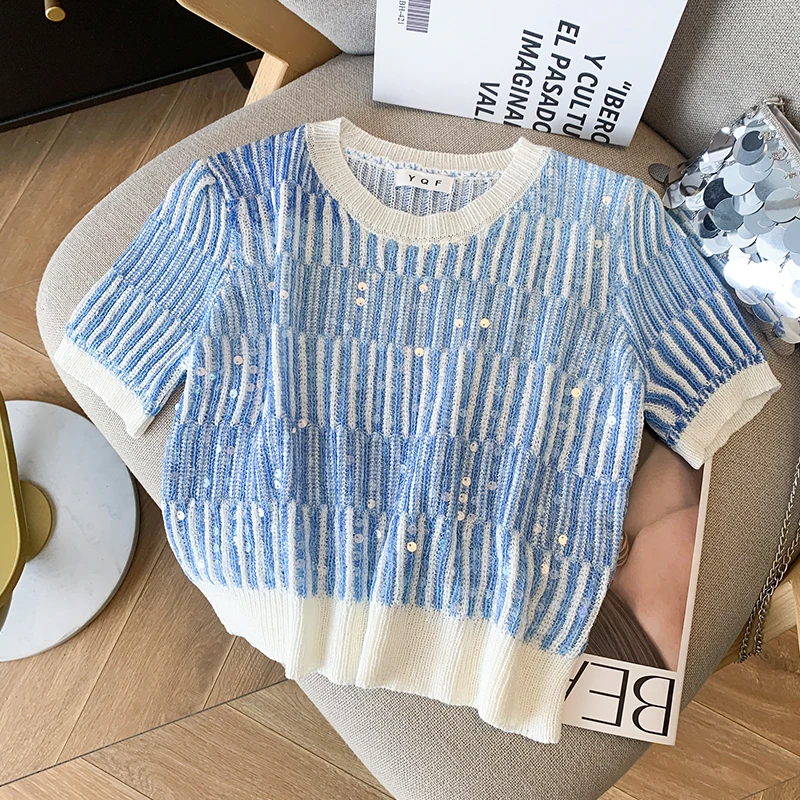 Summer Women\'s Sweater Sequins Striped Slim Knit Pullovers T-shirts Crop Tops Stylish Chic Fashion Short Sleeve O-neck Jumpers