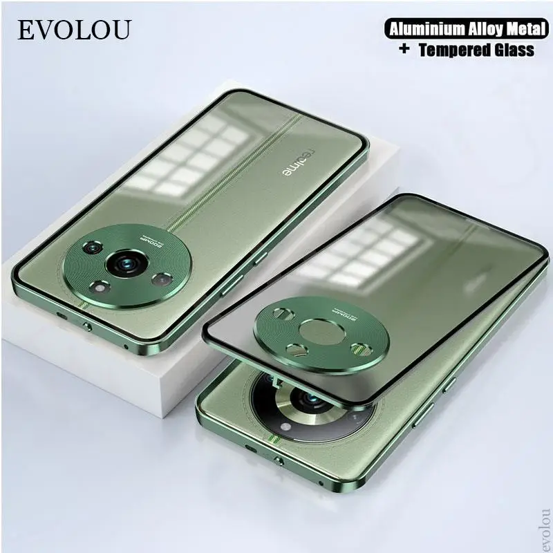 

Case For Oppo Realme 11 Pro Plus Ultra-Thin Aluminium Alloy Metal Frame Bumper + Tempered Glass Hard Cover For Realme 11Pro+plus