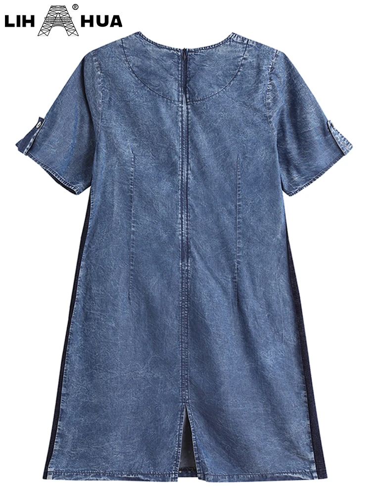 LIH HUA Vrouwen Plus Size Denim Jurk Herfst Chic Elegante Jurken Voor Mollige Vrouwen Geweven Katoenen Jurk