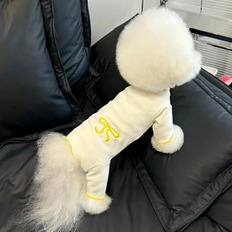 

Small Dog Four-legged Pajamas Bow Embroidery Dog Clothes Summer Pet Belly Protector Teddy Jumpsuits Clothes XS-XL