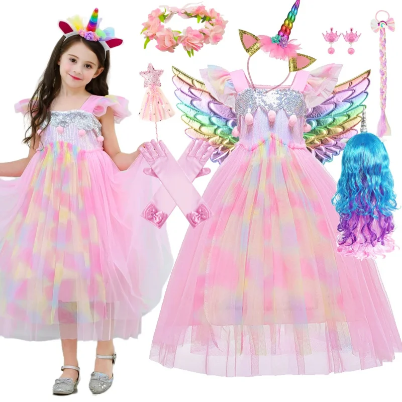 Unicorn Princess Dress for Girl Fancy Mesh Sequins Pink Halloween Costume for Kids Cosplay Novelty Tulle Frocks Vestidos 2-10T