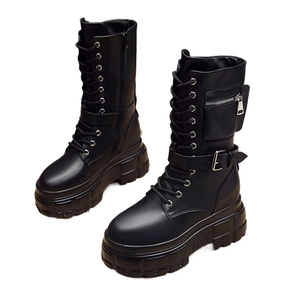 New Autumn Winter Spanish Dark Punk Combat Boots, Y2K Cargo Pocket Lace Up Side Zip Buckle Platform Height Increase Women Boots