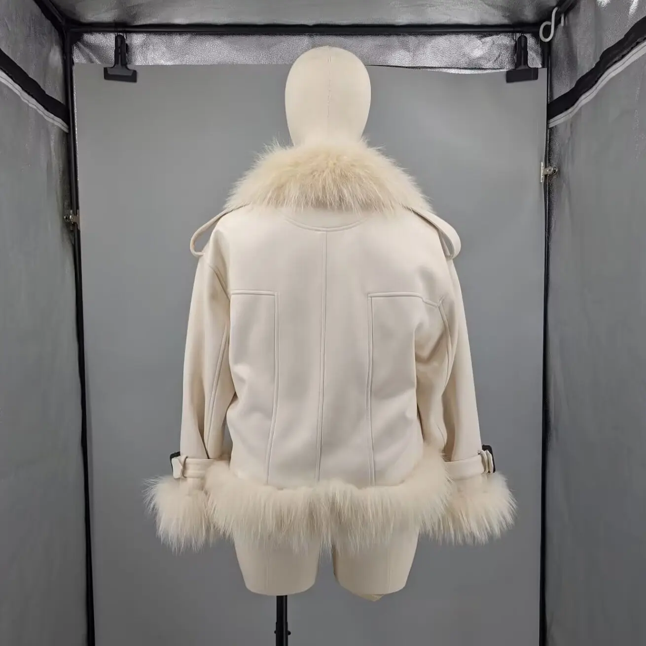 Women Cream Beige Suede Fabric Long Moto Down Coat Real Raccoon Fur Collar Front Hem Zip Pocket Warm Winter Spliced 24A1168