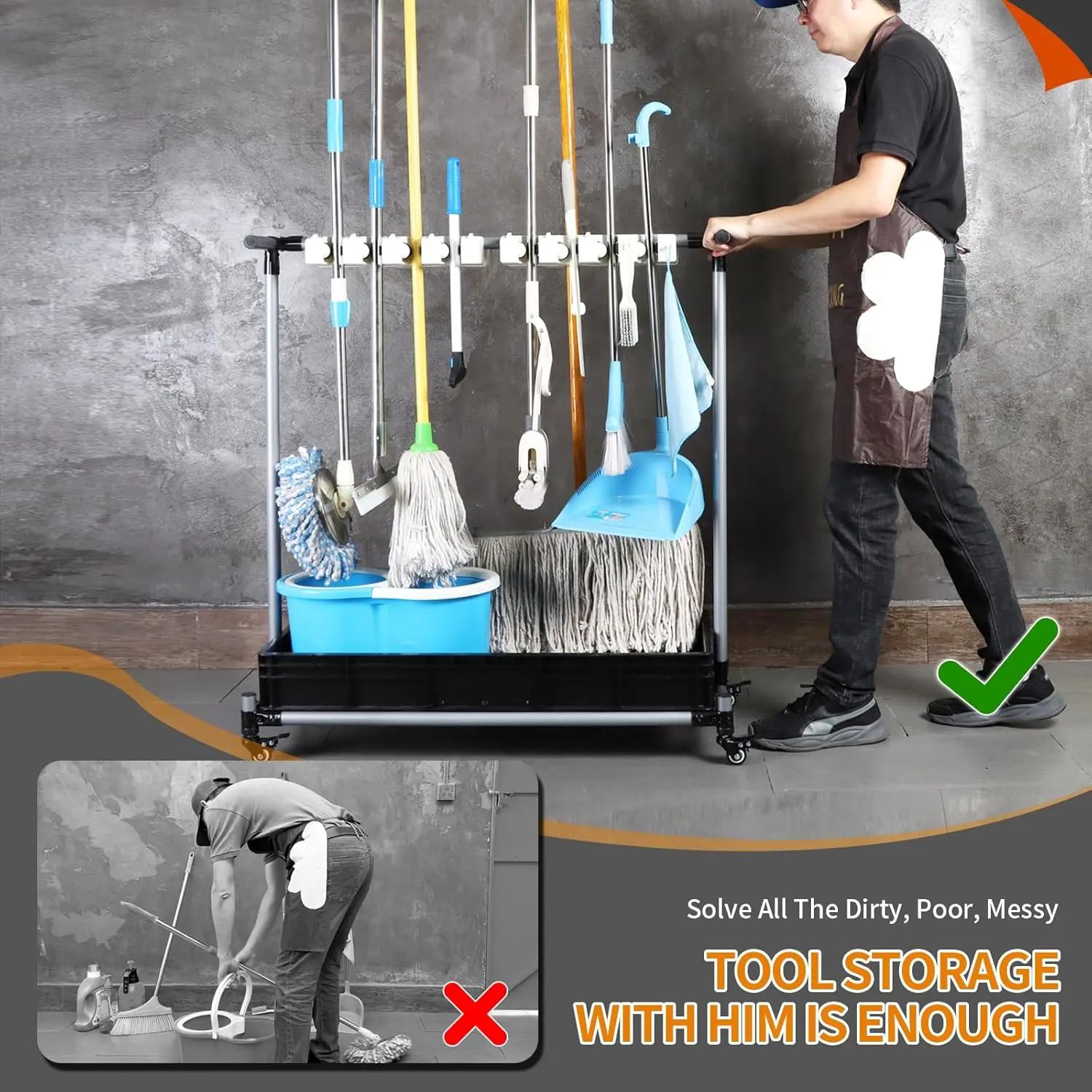 Big Cleaning Cart Broom mop Holder - Efficient and Convenient Cleaning Solution