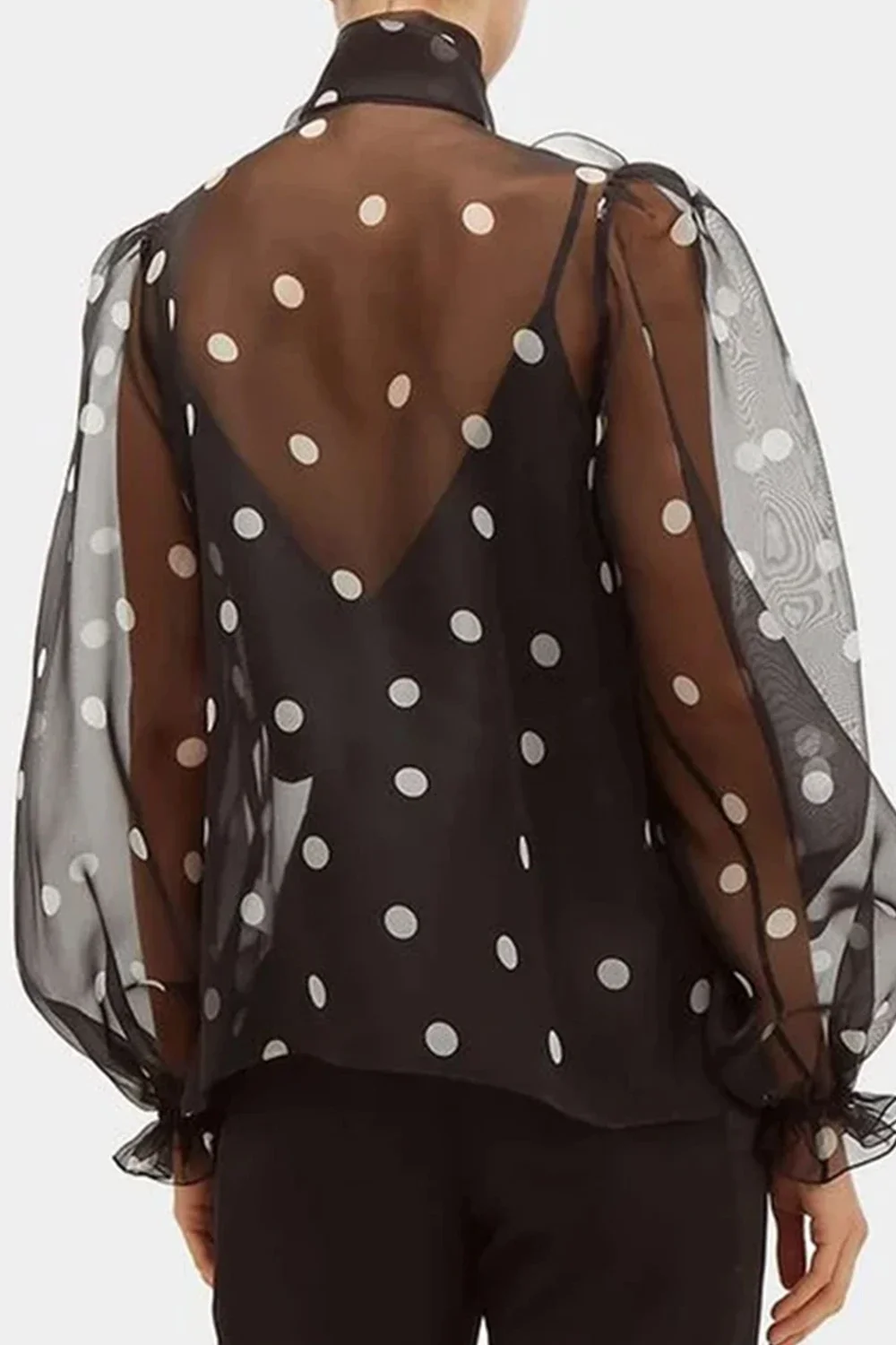 

Elegant Polka Dot Printed Blouse Bow Neck Puff Sleeve Sheer Mesh See Through Vintage Office Lady Shirts for Women Autumn Tops