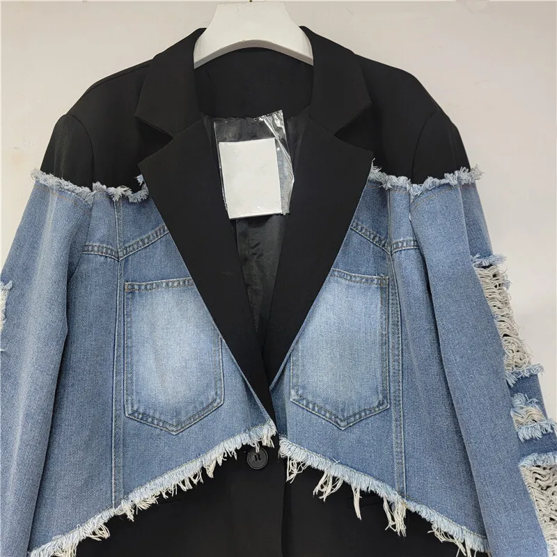 Spring Women Vintage Contrast Color Hole Denim Patchwork Black Suit Jacket Casual Notched Collar Long Sleeve Female Blazers Coat