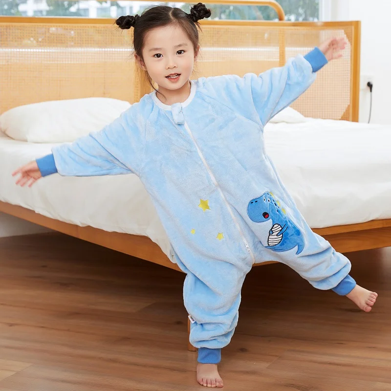 MICHLEY Dinosaur Flannel Baby Kid Sleeping Bag Winter Autumn Sleepwear Cartoon Bodysuit Sleepsack Pajamas With Feet Boy Girl