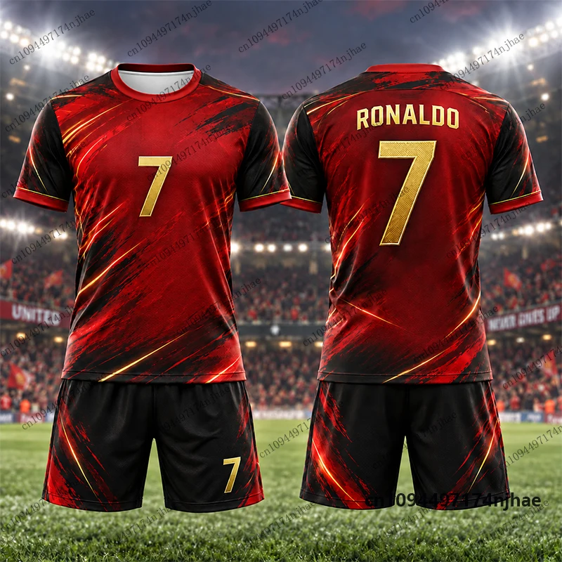 2-teiliges Outfit Trainingsanzug für Kinder Ronaldo # 7 Bedruckte T-Shirt- und Shorts-Sets, Fußballtrikot-Set, Sportbekleidung für Kinder/Erwachsene – Detail 6