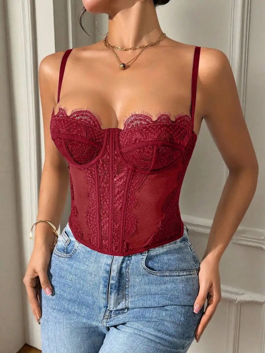 Top corsé de encaje morado para mujer, body sexy con tirantes ajustables.