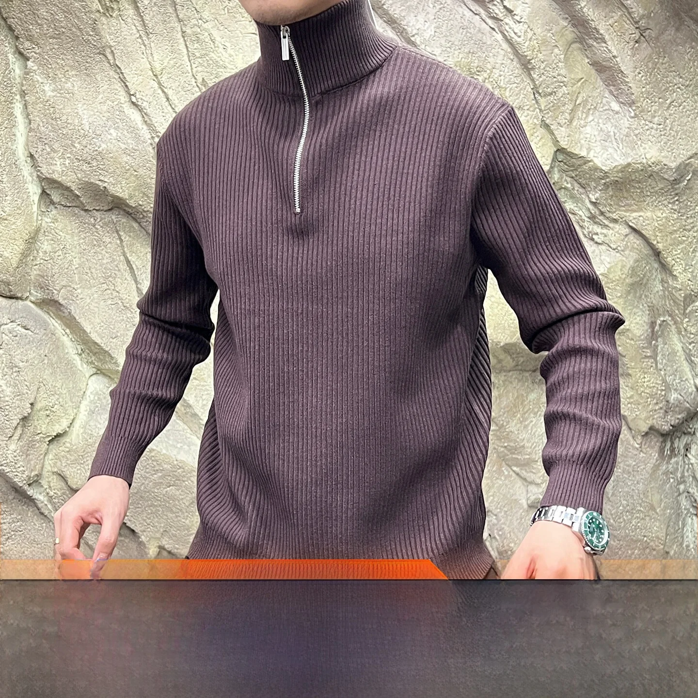 Men's Fashionable Knitted Sweater Half Zip Coarse Needle Breathable Inner Wear Autumn Winter Warm  Color Urban Style