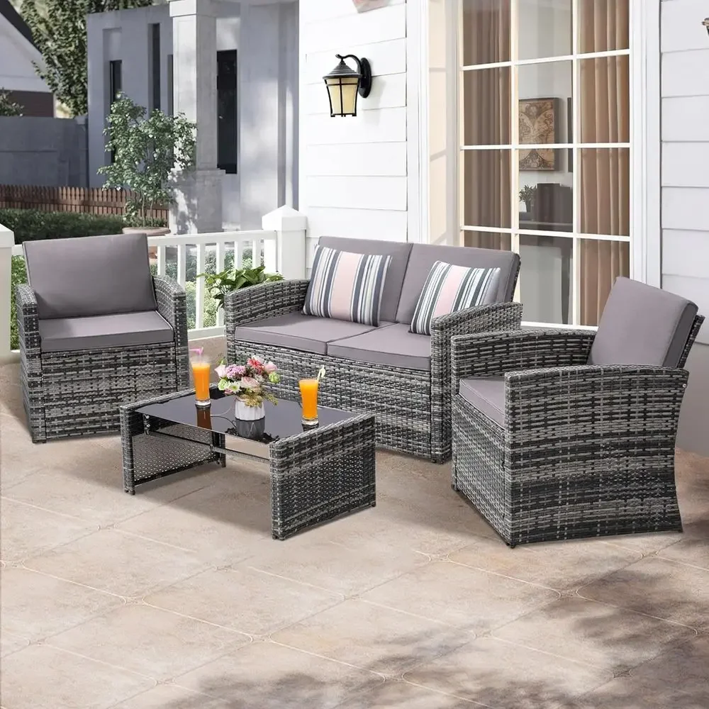 All-Weather Wicker Outdoor Sectional Sofa Set with Cushions and Glass Table, Perfect for Garden, Porch, Backyard, Grey