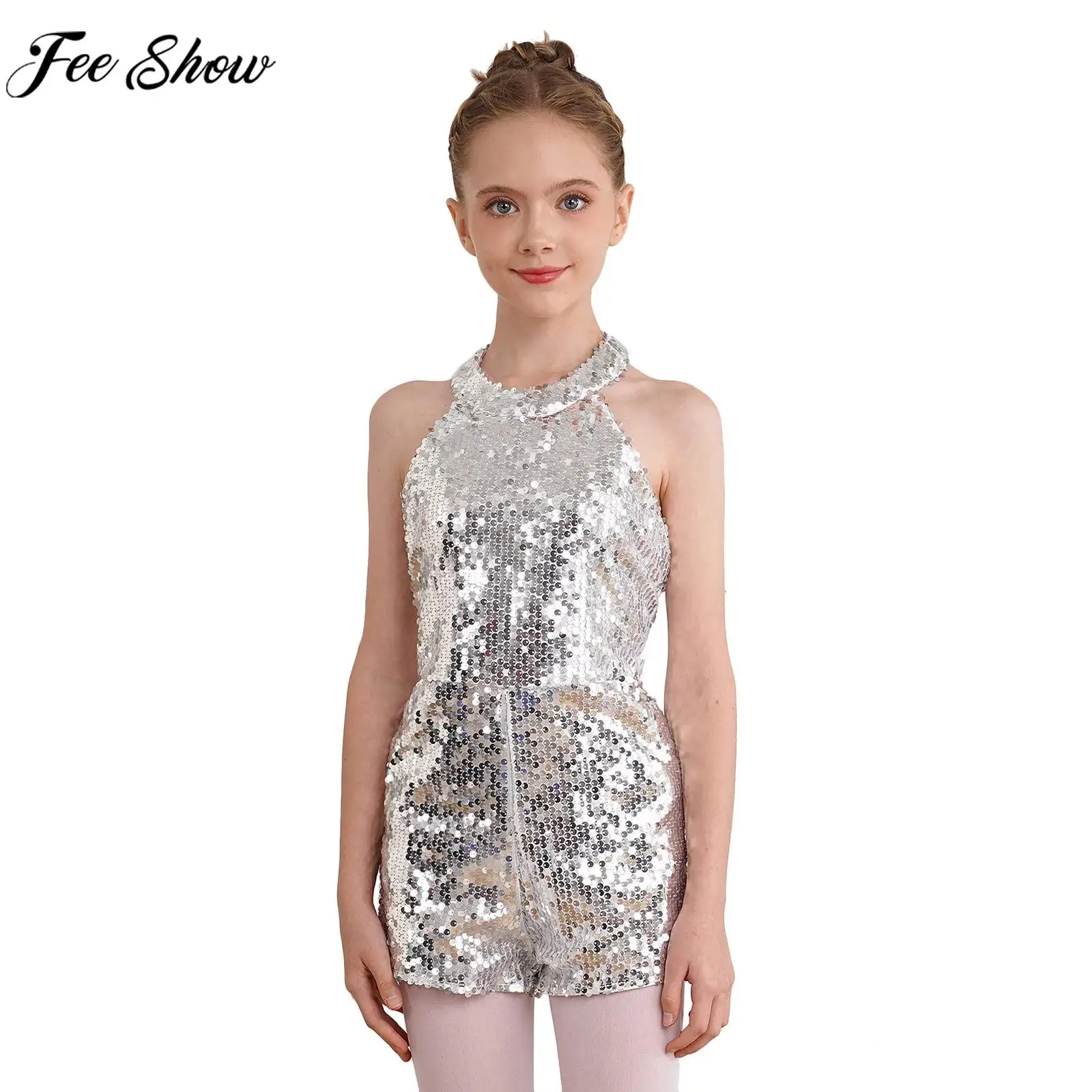 Body Halter de lentejuelas brillantes para niñas, mono de fiesta de noche, baile de Jazz, ropa de actuación de escenario, navidad, cumpleaños, boda, 6-14 años