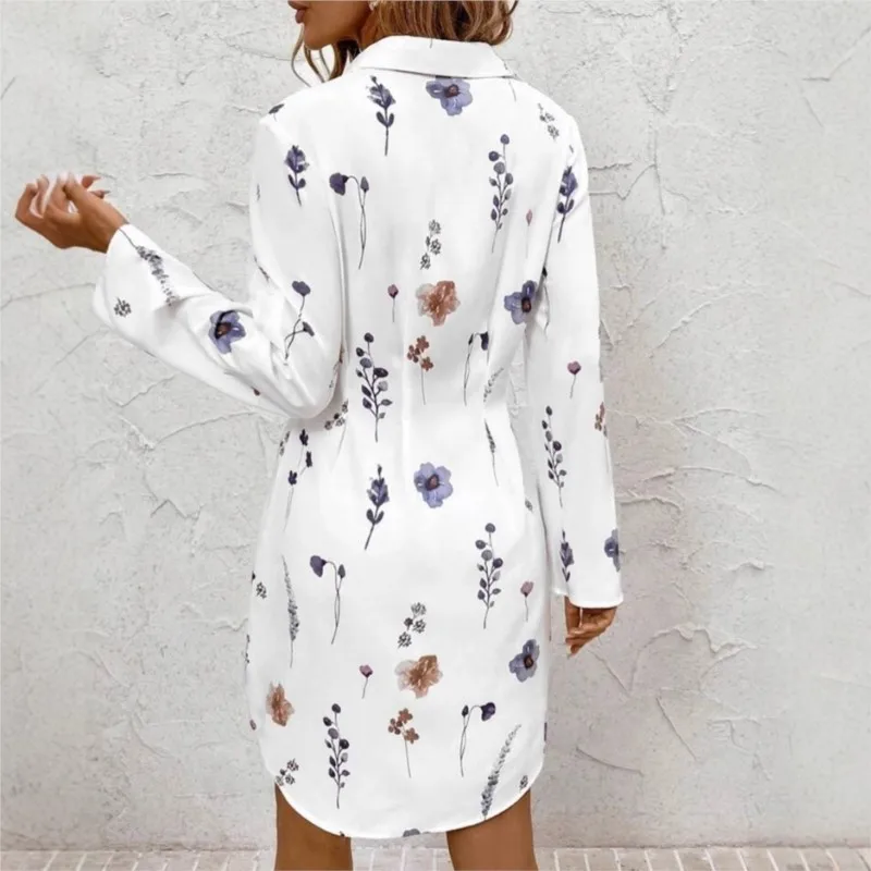 Women's Floral Printed Shirts Dress Autumn New Elegant Lapel Folds Slim Waist Mini Dresses For Women Vestidos Casual Long Shirt