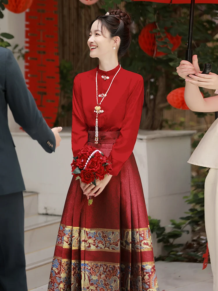 

Red Wedding Dress Set Hanfu National Style New Bride Serving Costume mid Waist Long Sleeve Ball Gown for Wedding
