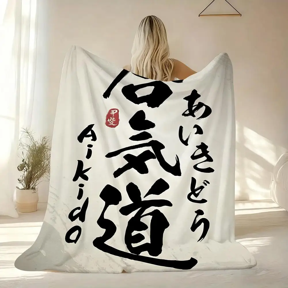 Japan Calligraphy Throw Lightweight Soft Flannel Throw Blanket Summer Cooling AC Nap Blanket for Sofa Couch Bed Travel