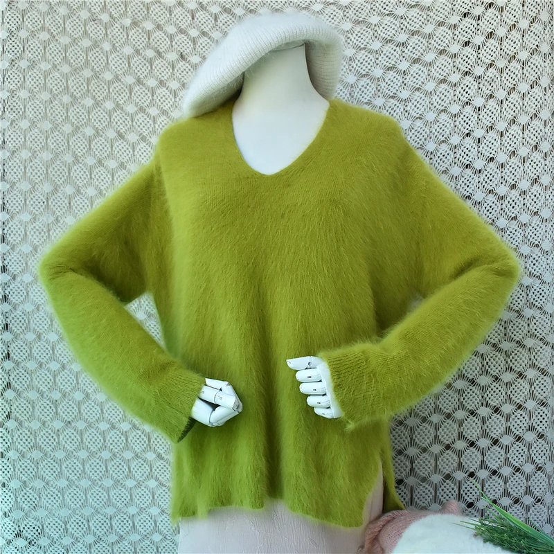 Ladies Women Autumn Winter Fashion Green Hairy Angora Rabbit Hair V-Neck Long Sleeves Split Loose Pullover Sweater Jumper Pull - view 3