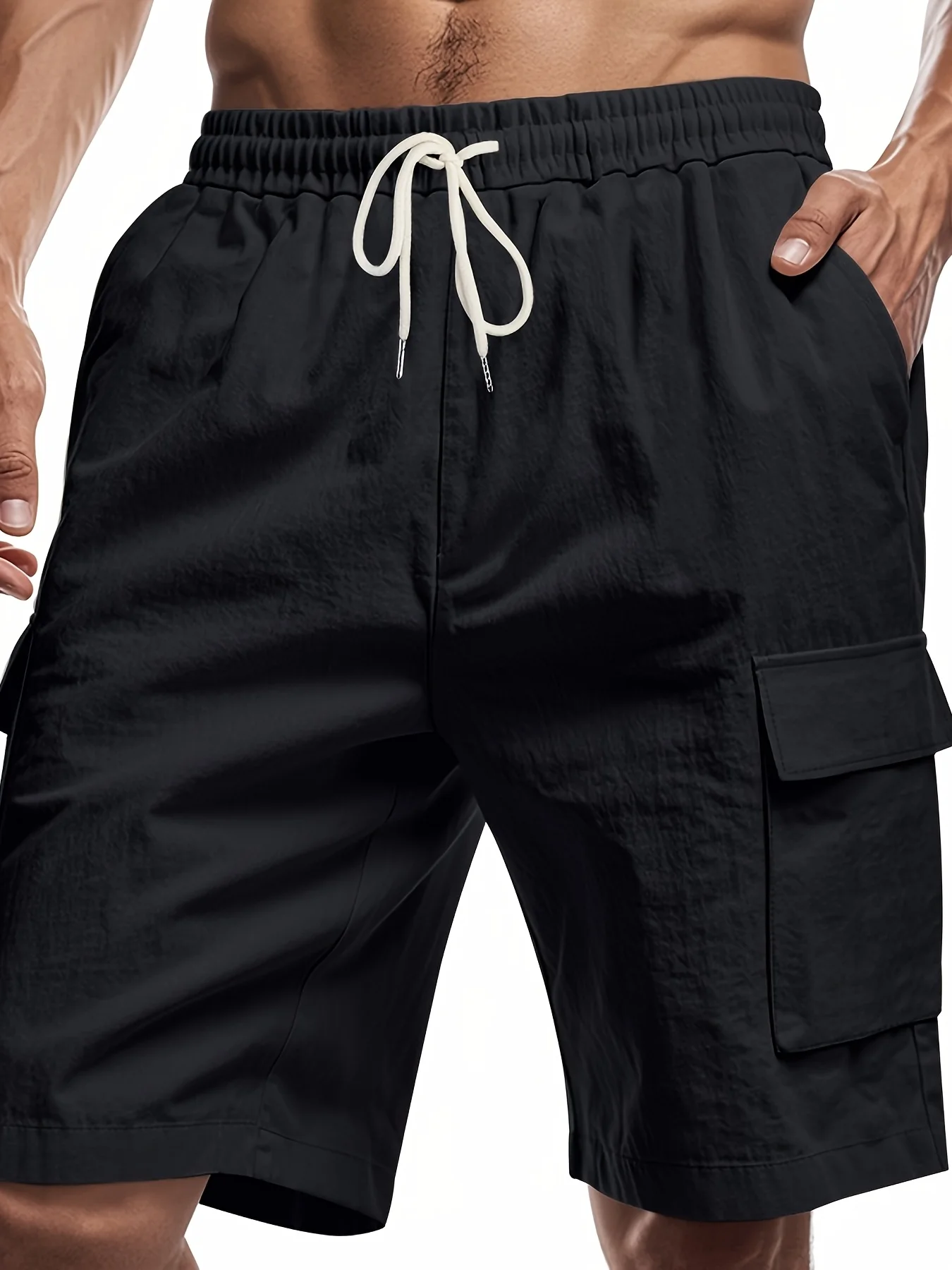 Multi Pocket Workwear Shorts For Men Sporty And Casual Loose Solid Color Linen Drawstring Five Quarter Pants - Image 3