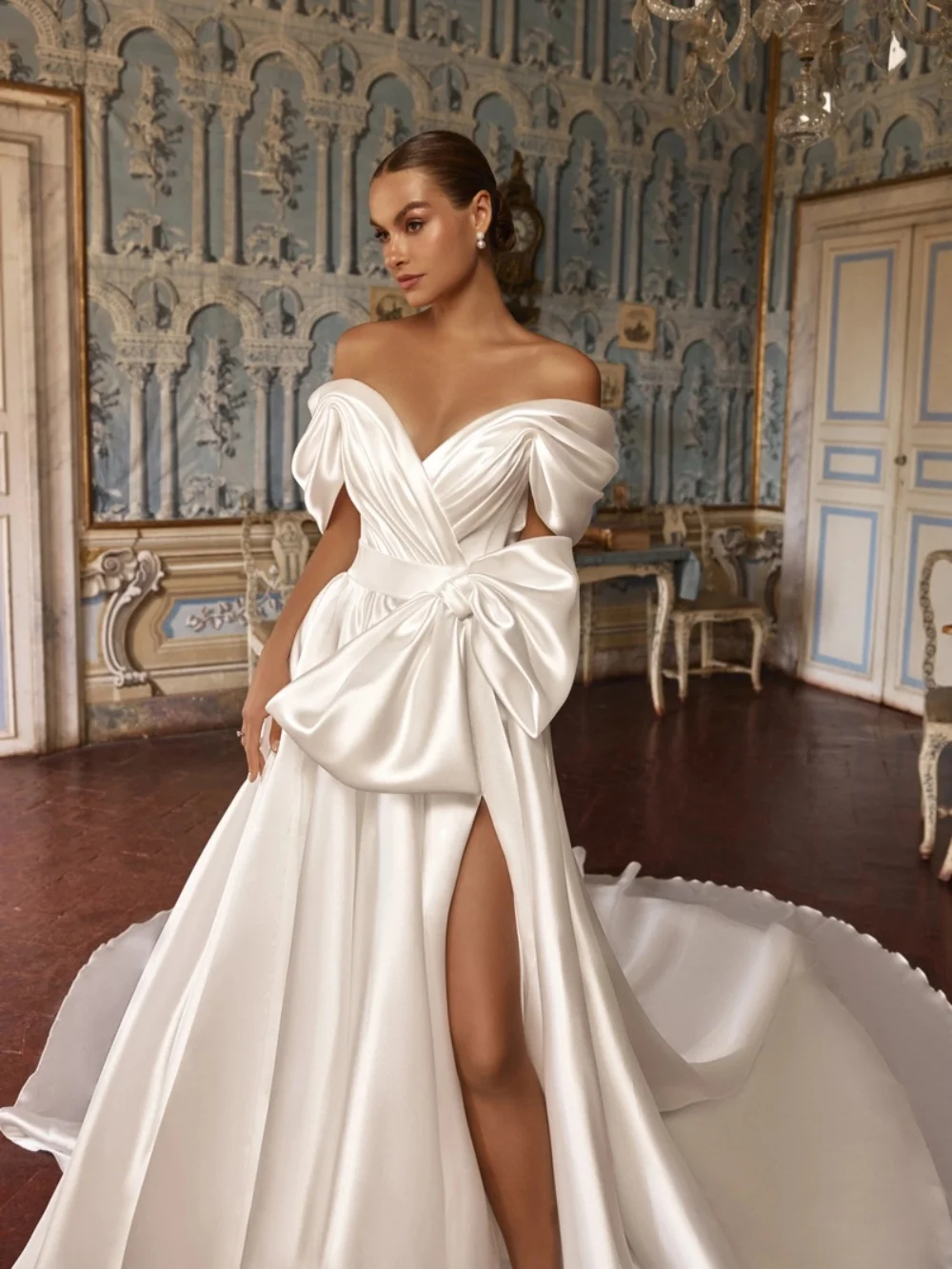 Vintage Satin Floor-length Wedding Dress Pleated Off Shoulder Bridal Gown New Customized Dreamy A-line Dresses For Bride