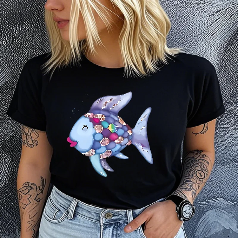 Cotton 100% Lady Rainbow Scale Fish Teacher T-shirt nostalgic design featuring 