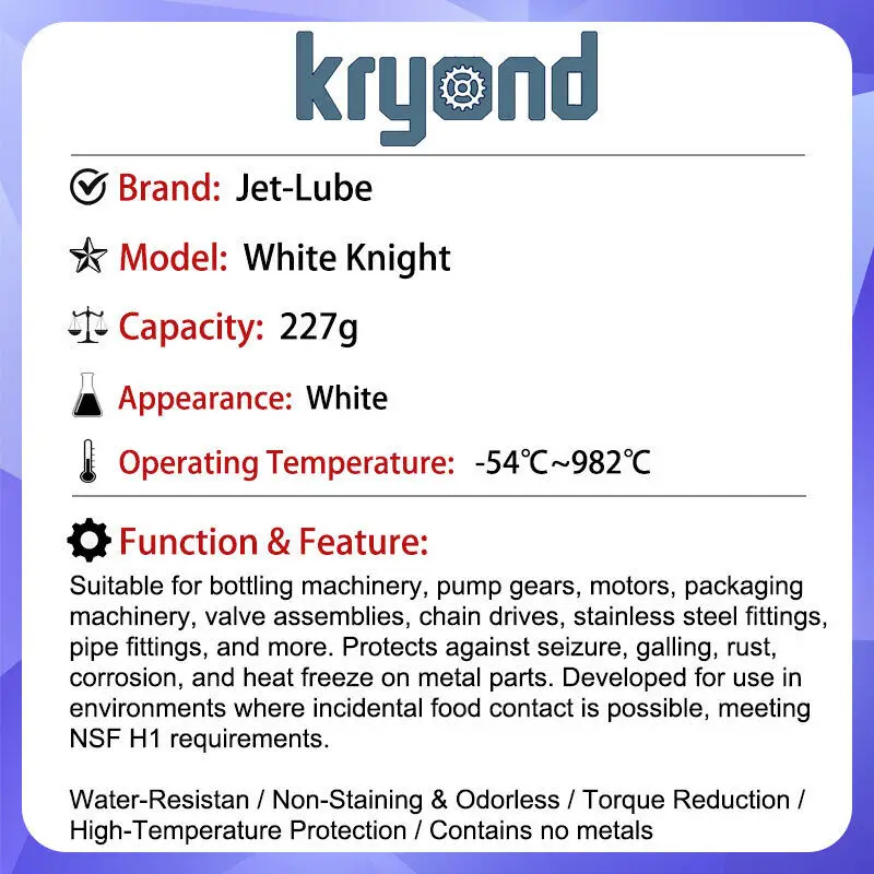 Jet-Lube White Knight Food Grade 227g Lubricant Applies in Contact with Food