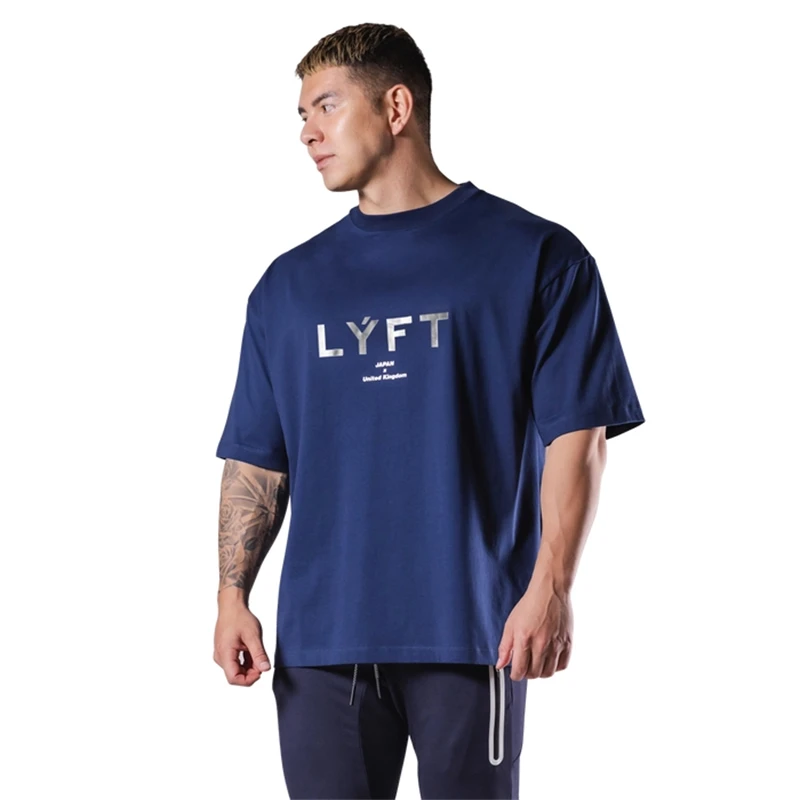 LYFT New Gym Short Sleeve Mens T Shirt Loose Fitness Muscle Men Tee Breathable Sports Training Shirts Casual Crew Neck Men\'s Top