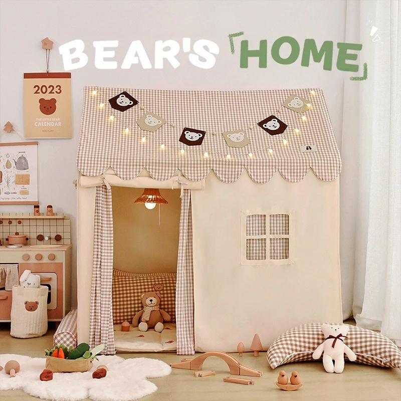 Cute Children Tent Kids Indoor Toy Tent Cloth Fabrics Game Princess Girl Castle Play House with String Light Home Decoration