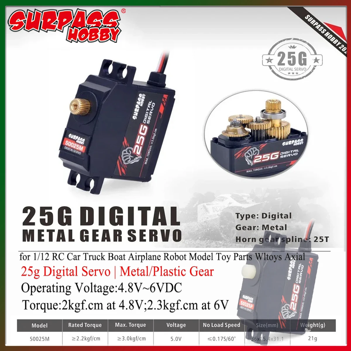 Surpass Hobby 25g Digital Servo Metal/Plastic Gear 4.8-6V for 1/12 RC Car Truck Boat Airplane Robot Model Toy Parts Wltoys Axial