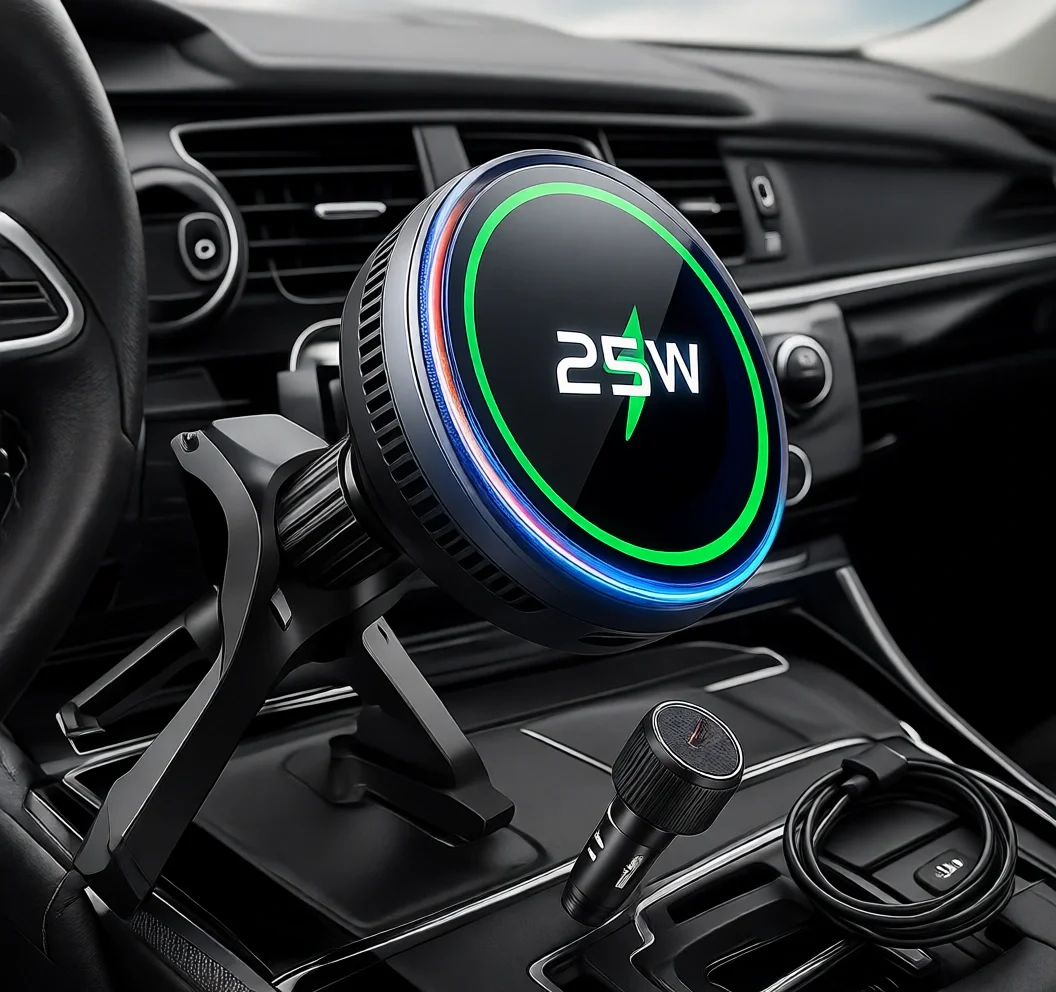 

Беспроводное магнитное автомобильное зарядное устройство 25 Вт с охлаждающим вентилятором для iPhone серий 12-17