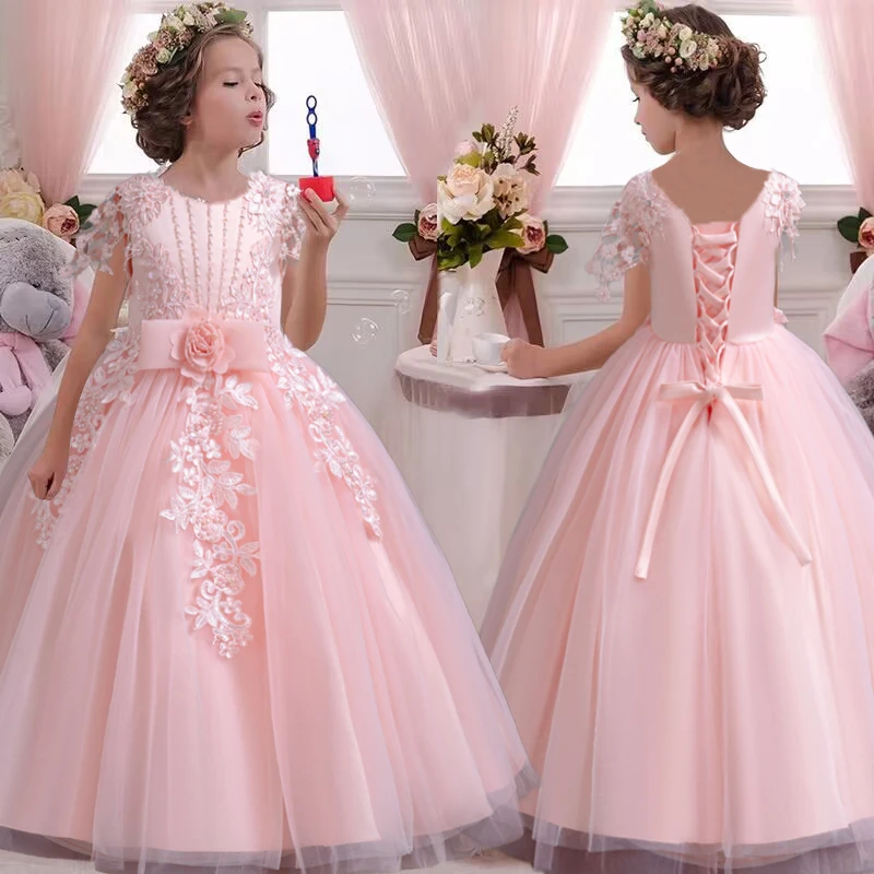 2024 novo elegante vestido de casamento da menina bordado malha vestido de princesa 4-12 anos de idade menina festa de formatura vestido de noite de baile