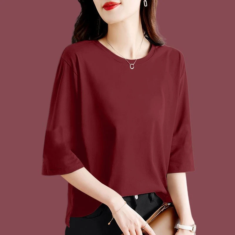 

Quality Pure Cotton 7-quarter Sleeve T-shirt for Women for Summer Thin Solid Color Loose Tops New Round Neck Versatile Base