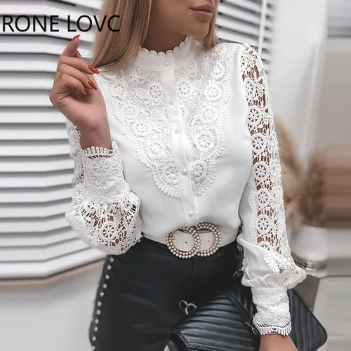 Imagen 2 del producto Blusa blanca de encaje para mujer, camisa de manga larga con botones Y2K, Top de malla Vintage para primavera y otoño, 2024
