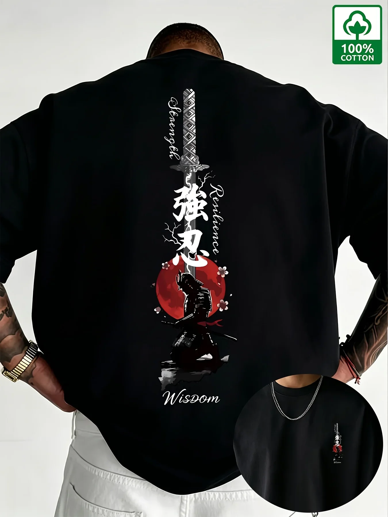 Men Japanese Style T Shirt 100% Cotton Samurai Sword Resilience Graphic Print Red Sun Ink Art Oversized Harajuku Streetwear Tee