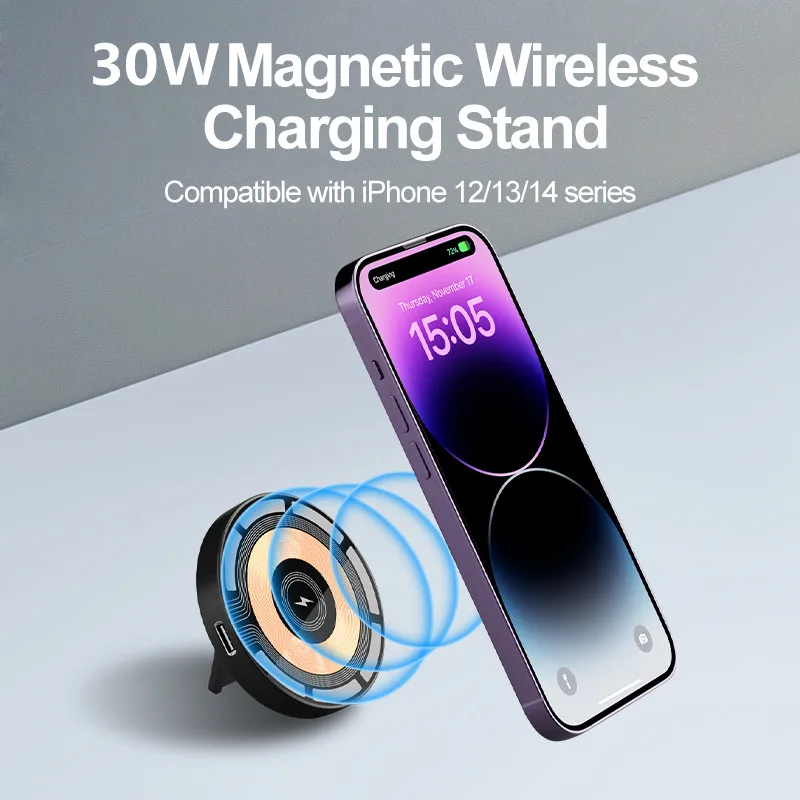 30W Magnetic Wireless Charger Phone Holder Stand Macsafe For iPhone 14 13 12 Pro Max Transparent Fast Charging Desk Dock Station