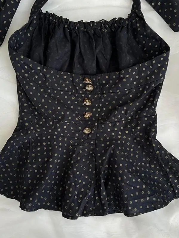 سترة نسائية سوداء مطبوعة بالزهور بتصميم عتيق بقصة ضيقة بدون حمالات من مزيج القطن نمط التنقل لموسم الربيع