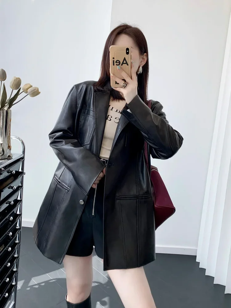 Sheepskin Genuine Leather Jacket Women's Silhouette Retro Style Suit Leather Jacket