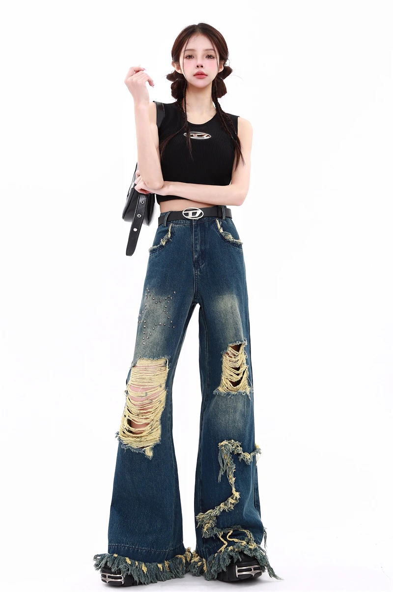 Blaue Cargo-Jeans für Damen, Baggy-Vintage-Y2K-Denim-Hose, 2000er-Jahre, Harajuku, weites Bein, Cowboy-Hose, modische 90er-Jahre-Ästhetik-Kleidung 2024