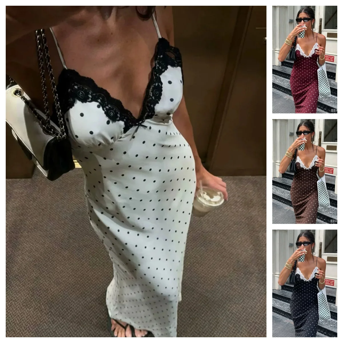Y2K Polka Dot Retro Print Lace Patchwork V-neck Satin Suspender Maxi Women Backless High Waist Slim Contrast Party Long Dresses