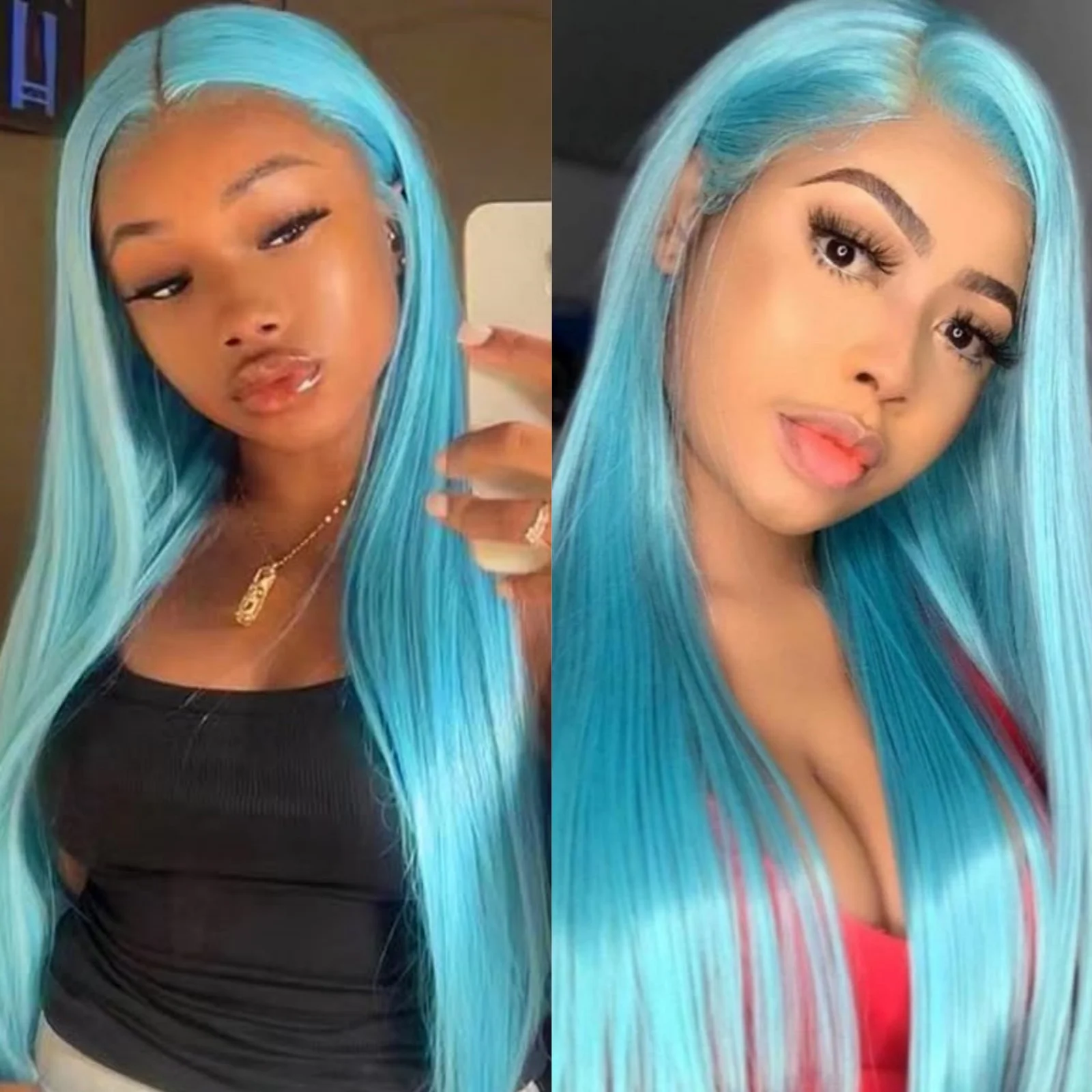 Blue Wig Long Straight Synthetic Lace Front Wig Glueless Ready to Wear Cosplay Party Light Blue Hair Lace Frontal Wigs for Women