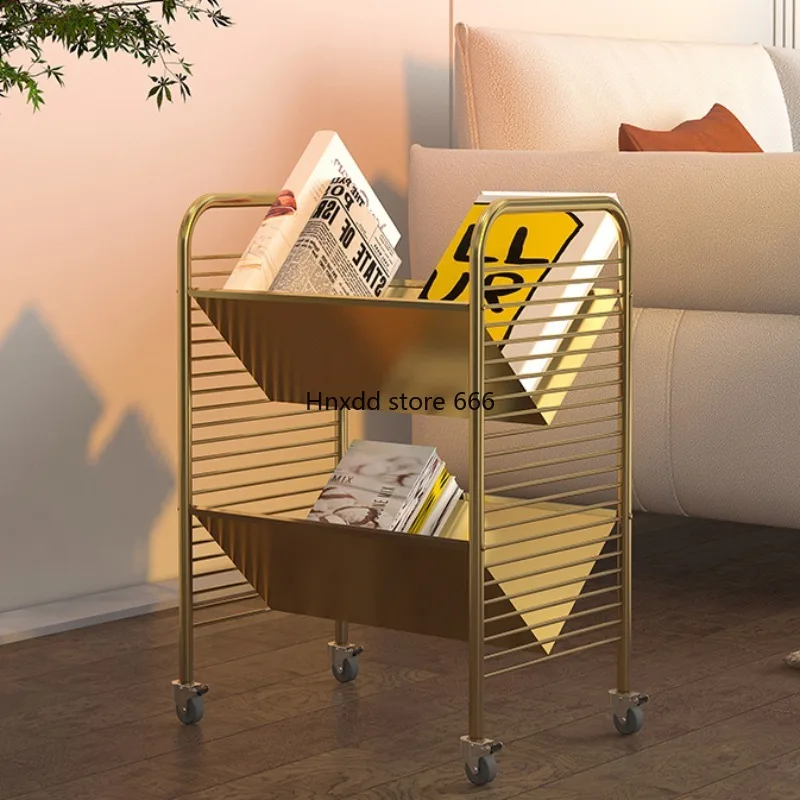 Magazine Wheel Iron Shelf 2-layer Display Stand Room Mobile Bookcase For Children Books 철제서랍 Multifunction Home Furniture AA