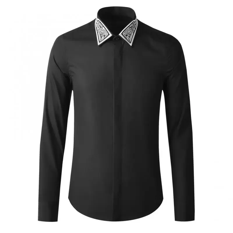 Minglu Cotton Male Shirts Luxury Long Sleeve Collar Embroidery Casual Mens Dress Shirts Fashion Slim Fit White Black Man Shirts