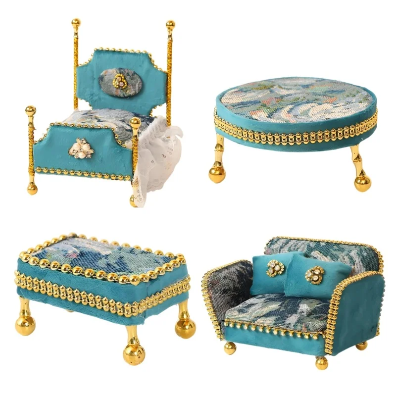 

1/12 Scale Dollhouse Bedroom European Furniture Accessories Doll House Miniature Princess Bed Loveseat Sofa Coffee Table Models