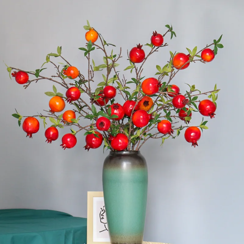 

Simulated 6-head Pomegranate and Persimmon Fruit Branches and Fruit Lucky Bucket Decorative Accessories with Leaves