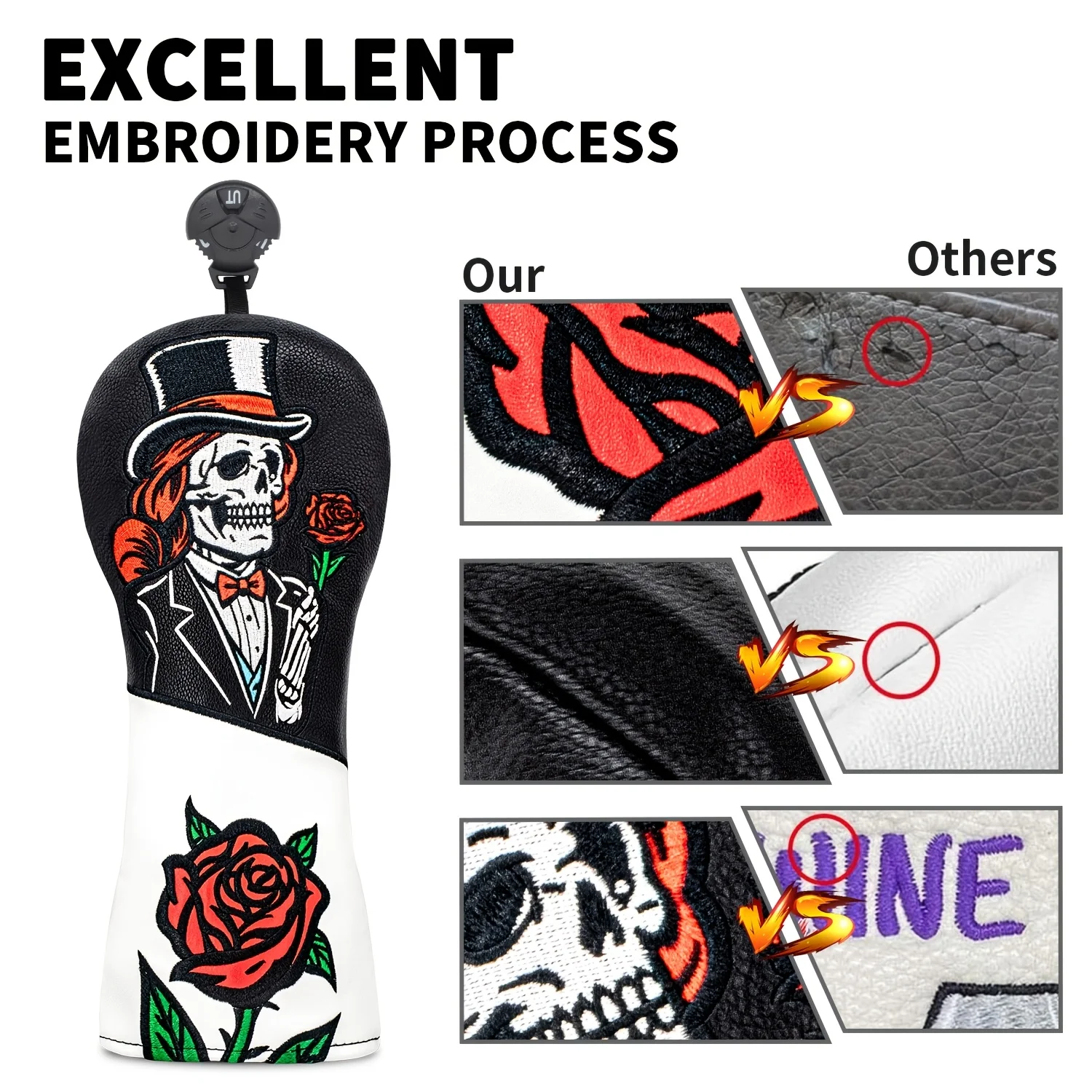 1pc/3pcs Top Hat Skull Rose Pattern Golf Club Head Cover, Durable Protective Accessory, Suitable for Men And Women view 3