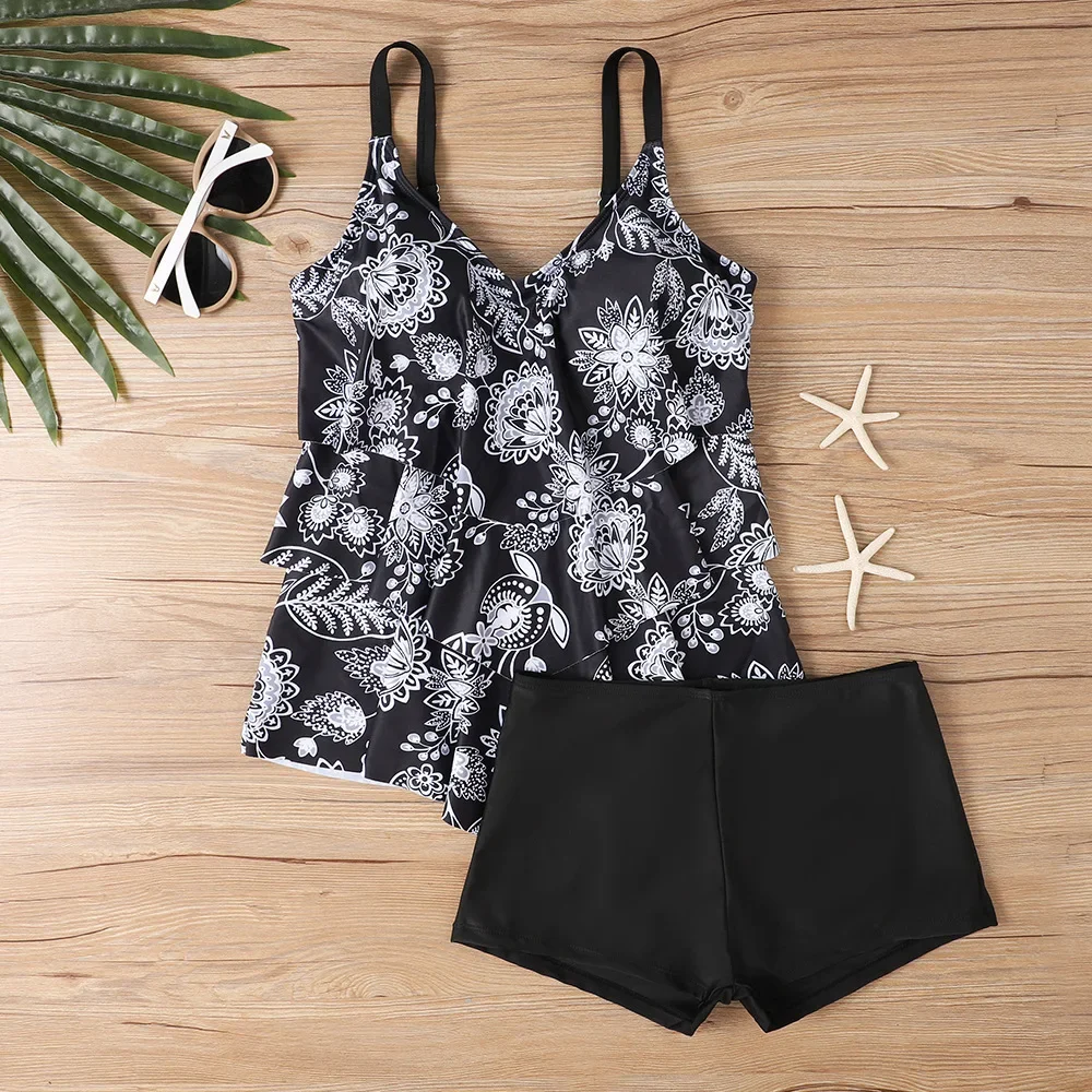 2025 Set Tankini con stampa floreale Donna Costumi da bagno a due pezzi Costume da bagno sexy con volant Halter Biquini Boxer Costume da bagno a vita alta