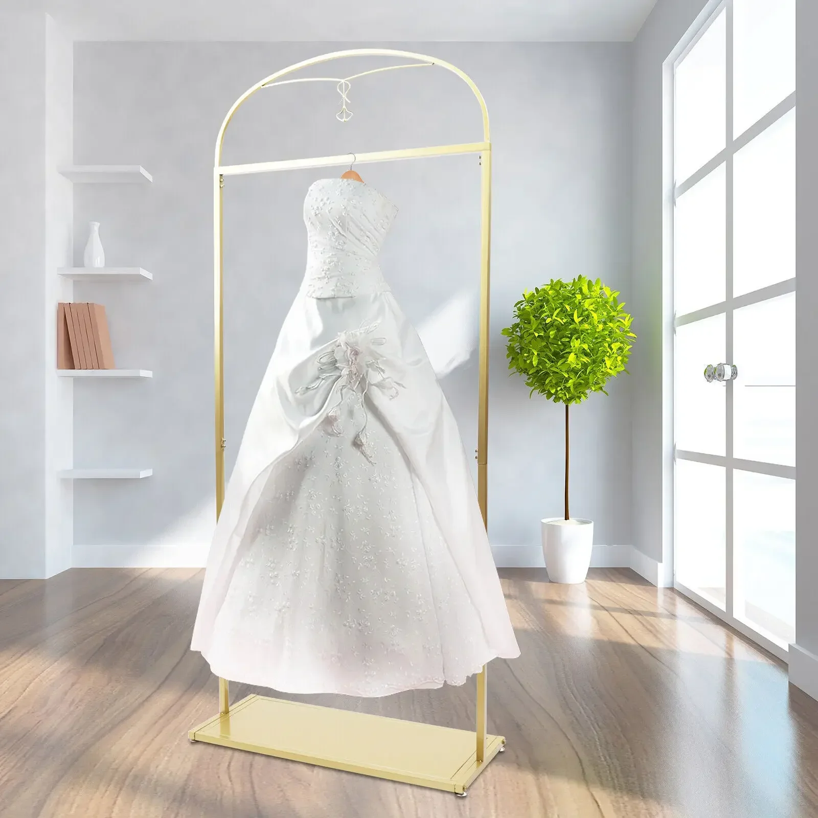 

Gold Wedding Dress Display Stand 90.5 Inch Industrial Iron Clothing Rack Heavy Duty Freestanding Garment Rack For Boutique Home