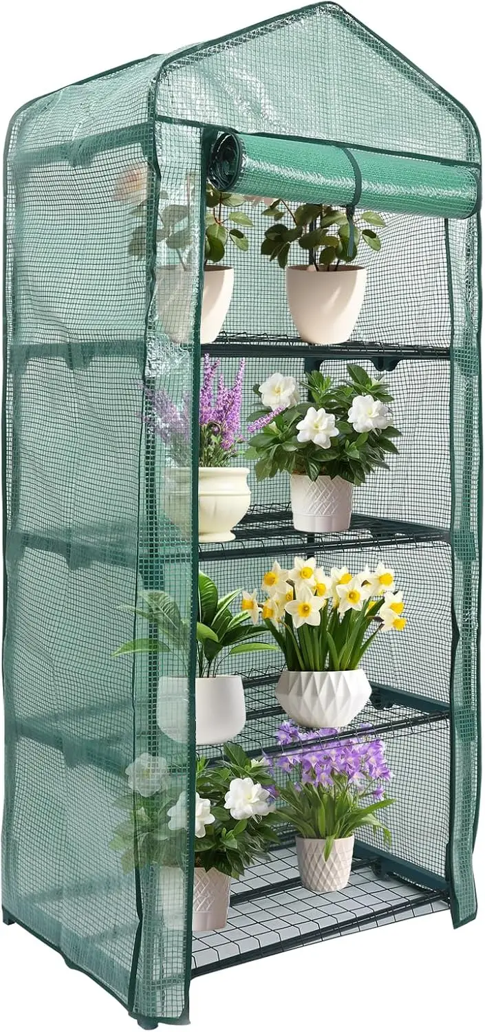 

51962 4 Tier Mini Greenhouse 63'' H x 27'' L x 19'' W PE Cover with UV Protection Green Indoor Outdoor Gardening Roll Up Zipper