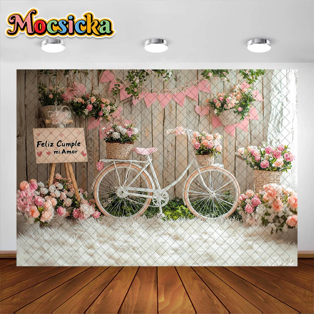 Newborn Photography Background Pink Floral Bicycle Wooden Board Wall Decoration Baby Shower Cake Smash Backdrops Studio Props