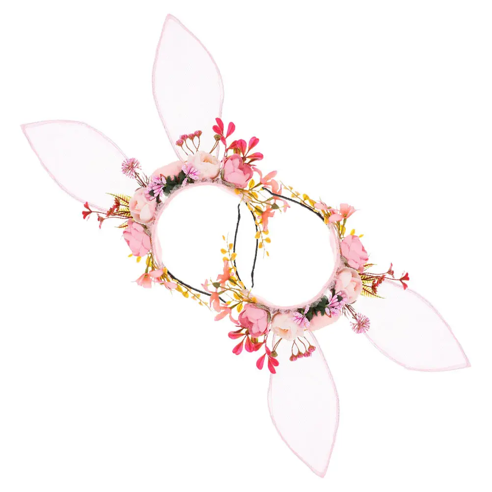 

2Pcs Bunny Ear Headband Floral Crown Flower Headpiece for Halloween Birthday Party Fairy Costume Animal Ears Headwear